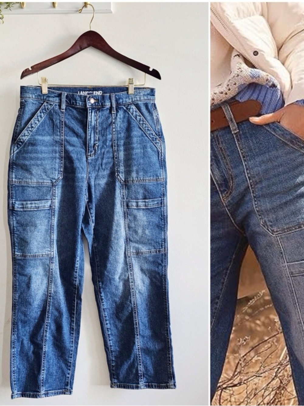 Lands End Women's Denim High Rise Utility Cargo Ankle Blue Indigo Jeans Size 14